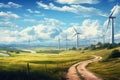 Wind turbines in a meadow. 3d rendering, illustration, Windmill wind power electricity farm field, AI Generated