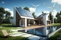 Wind Turbines Near A Twostory House With Solar Panels. Generative AI