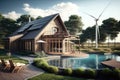 Wind Turbines Near A Twostory House With Solar Panels. Generative AI