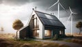 Wind Turbines Near A Twostory House With Solar Panels. Generative AI