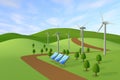 Wind turbines and photovoltaics. Natural energy. 3D illustration