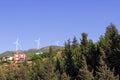 Wind turbines in the plain in the hills. Royalty Free Stock Photo