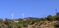 Wind turbines in the plain in the hills. Royalty Free Stock Photo