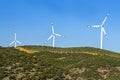 Wind turbines in the plain in the hills. Royalty Free Stock Photo