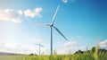 Wind turbines power plant on green grassland, wind farm alternative energy, sustainability concept. generative ai