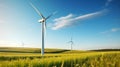 Wind turbines power plant on green grassland, wind farm alternative energy, sustainability concept. generative ai