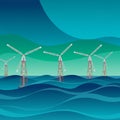 Wind turbines with red lattice towers stand amid stylized ocean waves. The backdrop Royalty Free Stock Photo