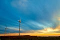 Wind turbines reflecting sunset light on Paul da Serra plain, Madeira island, Portugal