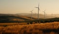 Wind turbines in a row, blades spinning generated by AI