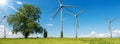 Wind Turbines in a Rural Landscape with a Green Meadow and Trees Royalty Free Stock Photo