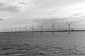 Wind turbines in sea in Copenhagen, Denmark. Offshore wind farm for renewable sustainable and alternative energy Royalty Free Stock Photo