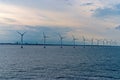 Wind turbines in sea in Copenhagen, Denmark. Offshore wind farm for renewable sustainable and alternative energy Royalty Free Stock Photo