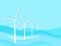 Wind turbines at sea. Offshore wind farm. Renewable green energy, clean production of electricity. Seascape with waves in a flat