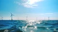 Wind turbines in sea, sustainable energy source, eco friendly power generator.