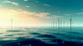 Wind turbines in sea, sustainable energy source, eco friendly power generator.