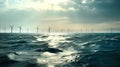 Wind turbines in sea, sustainable energy source, eco friendly power generator.