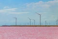 Wind turbines on a shore of pink salty Syvash lake in Kherson region, Ukraine. Renewable energy