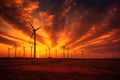 Wind Turbines Silhouetted Against Vibrant Sunrise. Generative AI