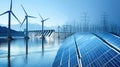 Wind turbines, solar panels, and hydro dams featured in a renewable energy collage this World Environment Day Royalty Free Stock Photo