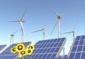 Wind turbines, solar panels and sunflowers Royalty Free Stock Photo