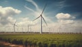 Wind turbines spinning in a row, powering sustainable progress generated by AI