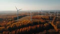 Wind turbines spinning in rows, powering homes generated by AI