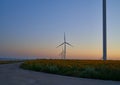 Wind turbines stand in a field of sunflowers, green energy