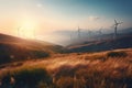 Wind turbines sunset. Generate Ai Royalty Free Stock Photo