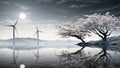 Wind turbines and trees in the lake at sunrise. 3D rendering, generative ai