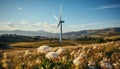 Wind turbines turning, generating renewable energy in a green landscape generated by AI Royalty Free Stock Photo