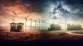 Wind turbines on a vast farmland under a cloudy sky. Royalty Free Stock Photo