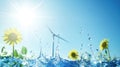 Wind turbines and yellow flowers in the blue water with water splashes Royalty Free Stock Photo