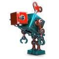 Wind-up overworked Robot with key sticking into his back. Isolated. Contains clipping path Royalty Free Stock Photo