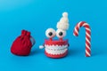 A wind-up toy in a hat, a bag with gifts and a New Year\'s candy