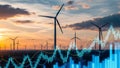 Wind turbines at sunset with stock market chart overlay Royalty Free Stock Photo
