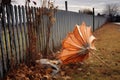 windblown broken umbrella caught on a fence
