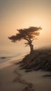 Windblown Coastal Cypress Tree At Sunset