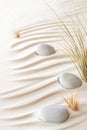 Windblown sand creates gentle, flowing patterns in beige tones, accented by smooth stones and delicate grasses, evoking Royalty Free Stock Photo