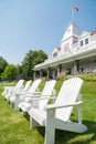 WINDERMERE, ON, CANADA - JULY 21, 2017: A set of Muskoka chairs sitting on the lawn in front of the historic Windermere