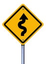 Winding arrow yellow road sign.