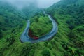 Winding asphalt road in an evergreen tropical forest.