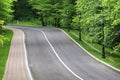 A winding asphalt road and sidewalk for pedestrians through a park with many beautiful vertical vintage lights Royalty Free Stock Photo