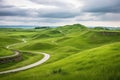 a winding bike route over rolling grassland hills under cloudy sky