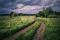 Winding country road in cloudy evening Royalty Free Stock Photo