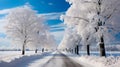 A winding country road lined with snow-covered trees, their branches heavy with glistening icicles. Royalty Free Stock Photo