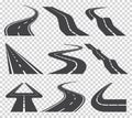 Winding curved road or highway with markings. Direction, transportation set. Vector illustration Royalty Free Stock Photo