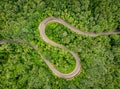 Winding curved road in the middle of the forest. Aerial shot using a drone Royalty Free Stock Photo