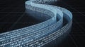 Winding digital data stream made of binary code flowing through a dark grid environment with light effects Royalty Free Stock Photo