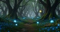 Enchanted Forest Path Lined with Glowing Blue Orbs and Butterflies magical fantasy Royalty Free Stock Photo
