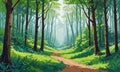 winding dirt path leads through lush forest, with tall trees and soft, hazy light filtering through the